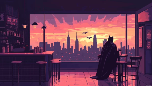 Relaxed Batman coffee break, skyline café scene, cape draped on chair.