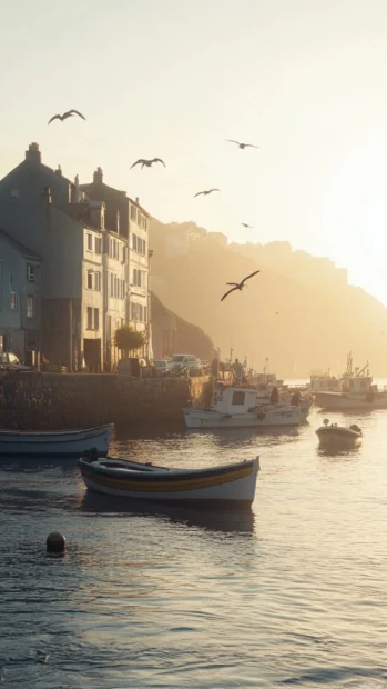 Relaxed Summer Vibes embrace a sleepy coastal village bathed in golden light, fishing boats bobbing gently.
