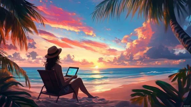 Relaxing beach setting in an anime girl 4k wallpaper MacBook Pro art style.