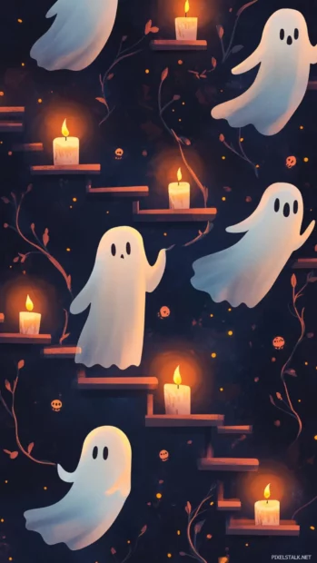 Repeated pattern of aesthetic ghosts holding candles and climbing floating stairs.