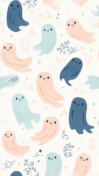 Repeated pattern of hugging ghost pairs outlined in soft blue and pink on light background.