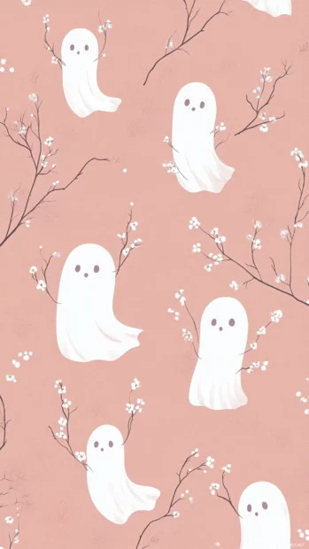 Repeating Aesthetic Ghost Wallpapers design with white ghost doodles holding tiny flowers on pink beige.