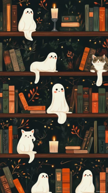 Repeating design of aesthetic ghosts on bookshelves with candles and sleepy cats.