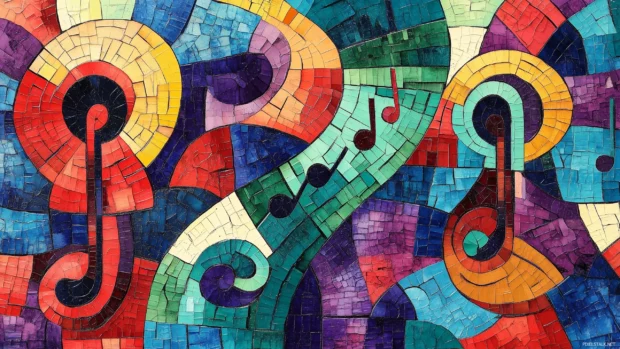 Repeating design of musical symbols and instruments in bright colors.