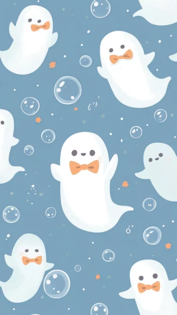 Repeating ghost illustrations in Cute Ghost Wallpapers wearing bowties and floating with bubbles.