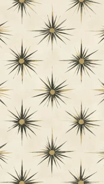 Repeating pattern, hand drawn stars, gold and silver, symmetrically arranged, soft cream background, clean celestial aesthetic.