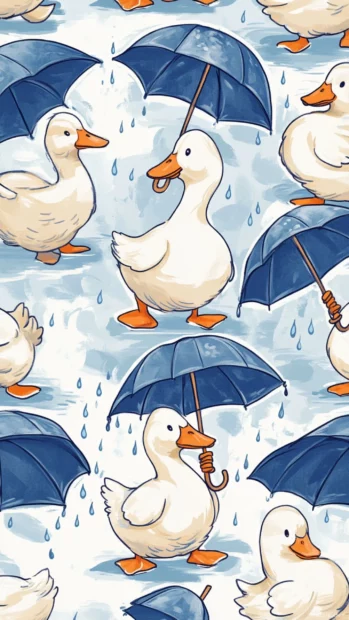 Repeating pattern of aesthetic ducks holding umbrellas with light blue raincloud motifs.