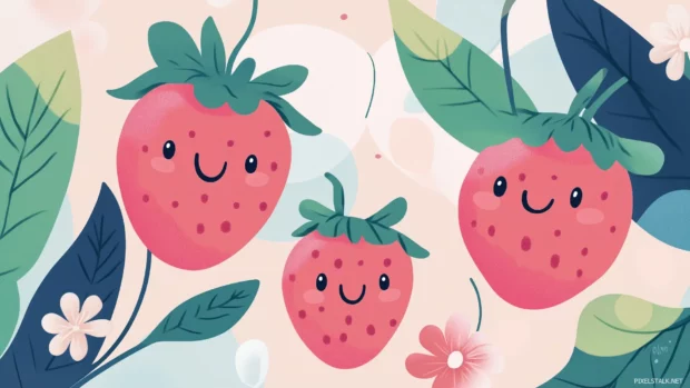 Repeating pattern of kawaii pink strawberries with smiling faces and tiny flowers in between, soft pastel pink and mint green accents, Simple lines, flat illustration style.