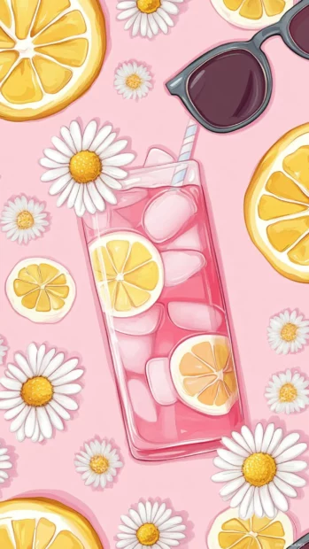 Repeating patterns of pink lemonade, daisies and sunglasses creating fresh Preppy Summer Wallpapers.