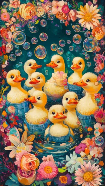 Repeating rows of dancing ducks in overalls framed with bubbles and flowers.