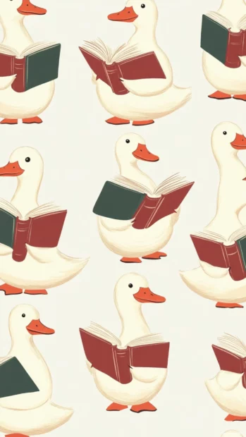 Repeating rows of ducks holding tiny books in a vintage aesthetic wallpaper design.