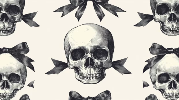 Repeating skulls with ribbons and tiny bows in symmetrical layout.