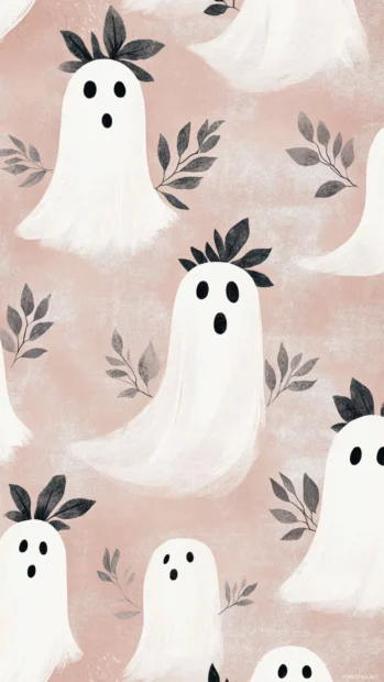 Repeating soft pink ghosts with leaf crowns over neutral beige in elegant pattern.
