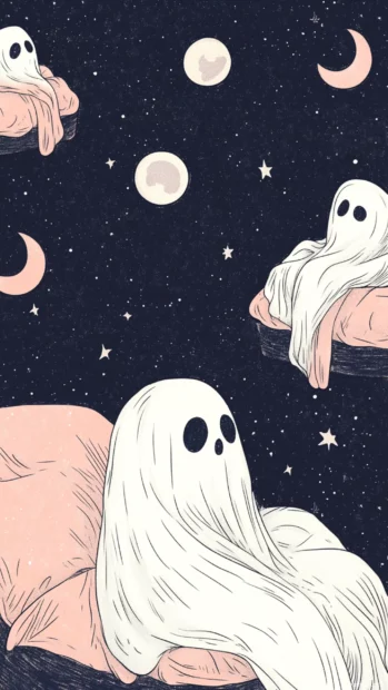 Repeating vertical line of ghosts tucked in pillows with pastel moons above.