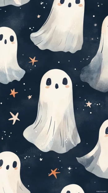 Repeating watercolor style ghosts with sleepy eyes and stars on muted background for Aesthetic Ghost Wallpapers.