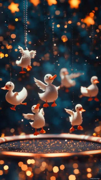 Repetitive aesthetic duck figures bouncing on trampolines under sparkles and stars.