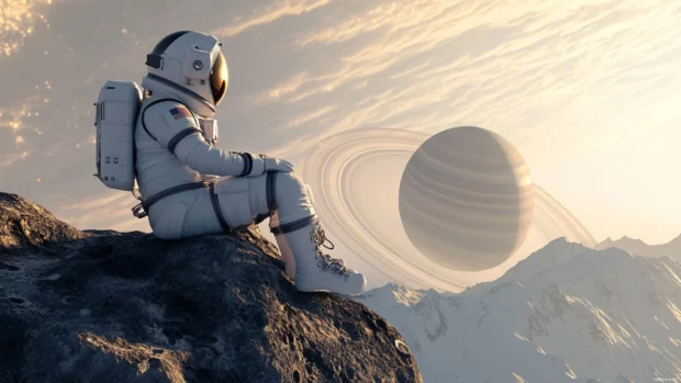 Resting on a rock, the astronaut admires distant planetary rings.