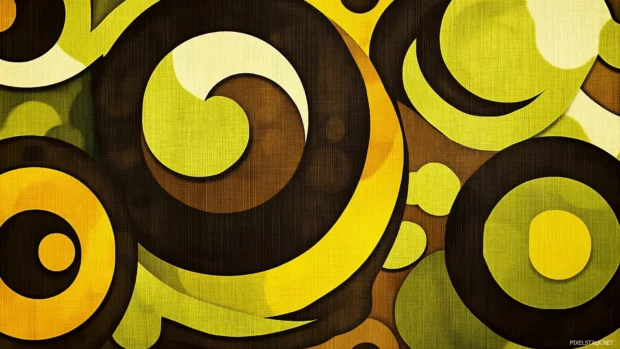 Retro 70s wallpaper, funky patterns, typography, groovy mustard yellow green brown colors.
