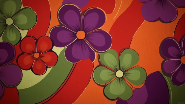 Retro 70s wallpaper, psychedelic floral design, bold patterns, deep red green purple colors.