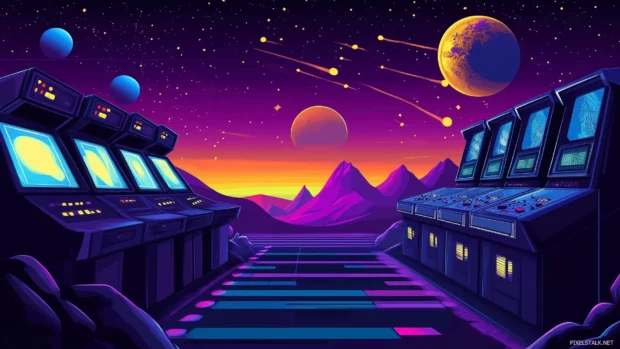 Retro 80s arcade, neon lights, colorful consoles, futuristic glow, classic decor.