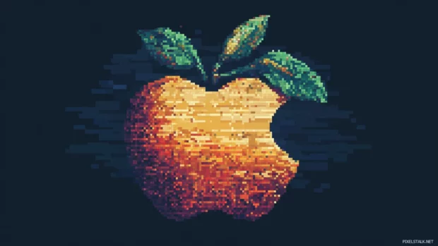 Retro Apple logo blended with pixel art textures on dark blue.