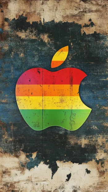 Retro Apple rainbow logo on vintage backdrop.