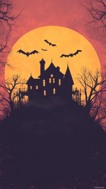 Retro Halloween wallpaper in K for iPhone with haunted house silhouette and gradient sky.