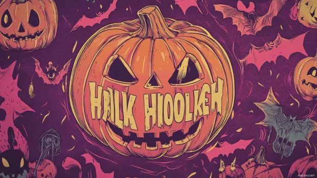 Retro Halloween wallpaper with trick or treat typography and old school horror icons.