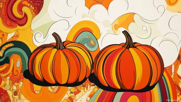 Retro Halloween wallpaper with vintage pumpkins and 70s pattern background.