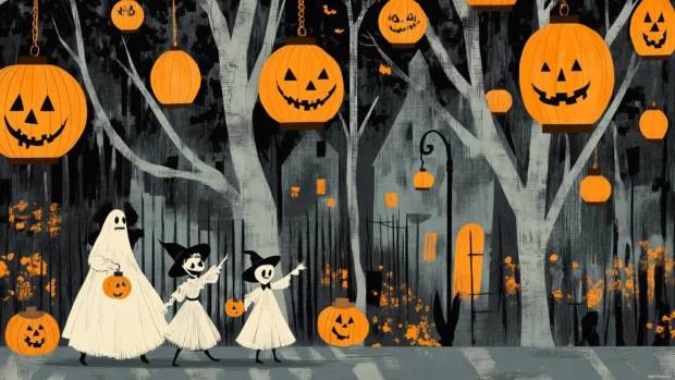 Retro Halloween wallpaper with vintage style trick or treaters wearing classic costumes like witches, ghosts, and skeletons, walking through a street lined with old fashioned lanterns, Retro style.