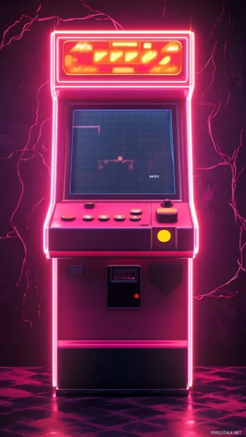Retro arcade glowing in classic pink neon style, Retro pink neon design.