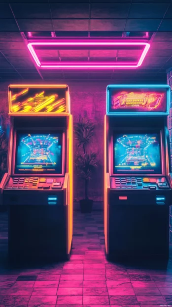 Retro arcade lights flashing in geometric neon rhythm inspired by Neon glow aesthetic background.