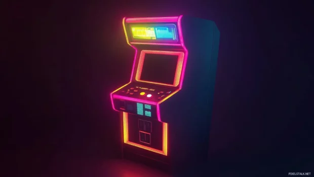 Retro arcade machine glowing in the dark.