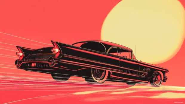 Retro car cruising into glowing sun with laser horizon.