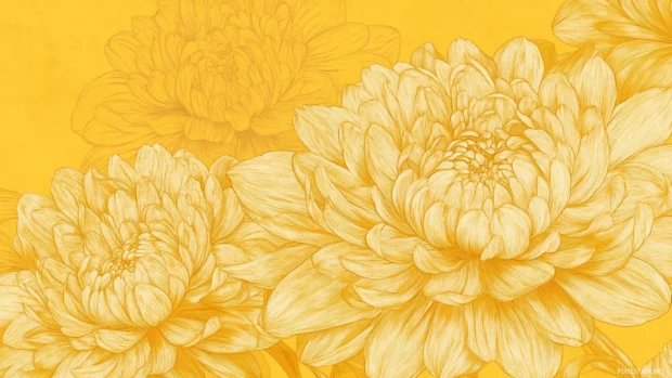 Retro chrysanthemum blossom shapes outlined in muted yellow.