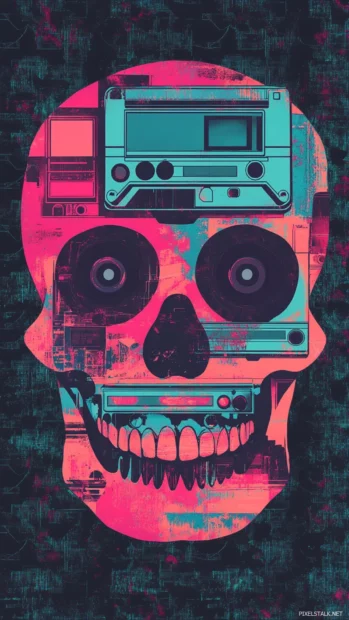 Retro cool skull wallpaper with cassette patterns and pixel shapes.