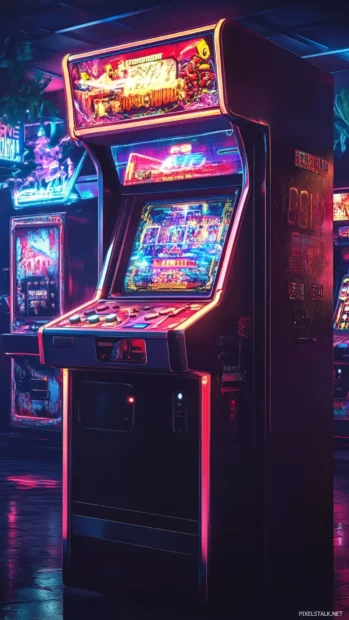 Retro cyberpunk arcade glowing in the night.
