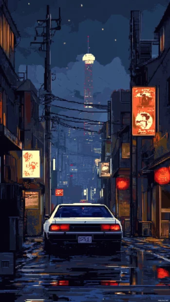 Retro cyberpunk night scene inspired by Tokyo streets, great choice for iPhone HD wallpaper.