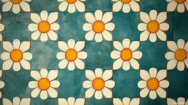 Retro desktop wallpapers HD featuring tiled daisy motifs and checkerboard pattern.