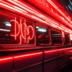 Retro diner glowing under rusty red neon sign, Retro red neon signs.