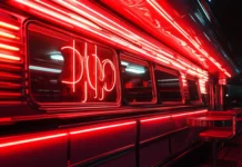 Retro diner glowing under rusty red neon sign, Retro red neon signs.