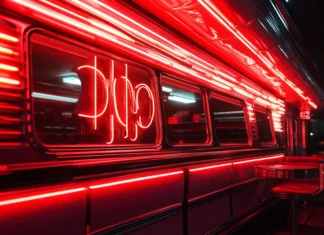 Retro diner glowing under rusty red neon sign, Retro red neon signs.