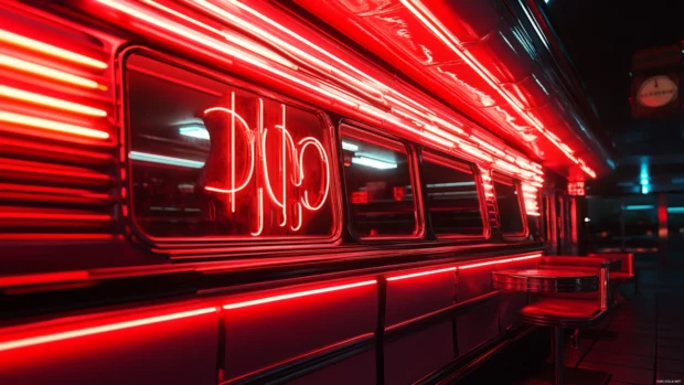 Retro diner glowing under rusty red neon sign, Retro red neon signs.