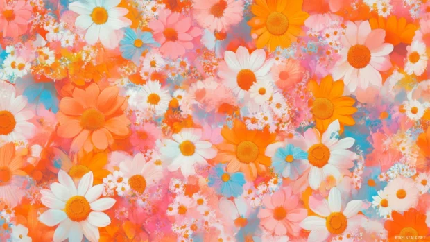Retro floral wallpaper, daisy and sunflower motifs, vivid orange pink blue, psychedelic vibe.