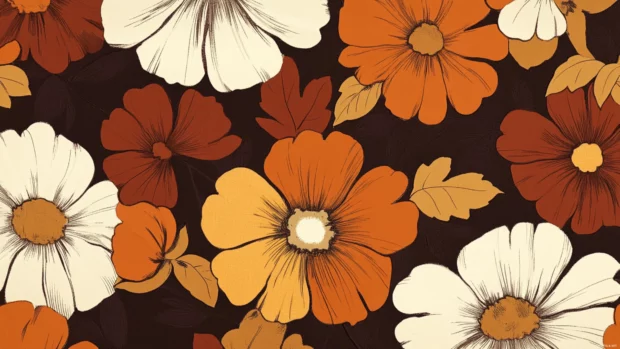 Retro floral wallpaper featuring 1970s bold flower patterns and warm tones.