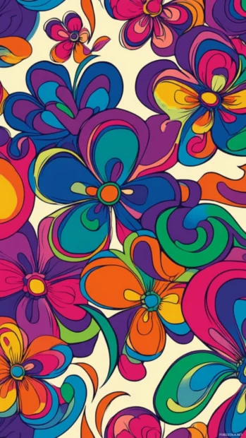 Retro floral wallpaper in hippie style with abstract flowers and cream background.