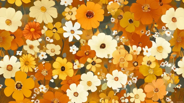 Retro floral wallpaper in mustard yellow and burnt orange for desktop aesthetic.
