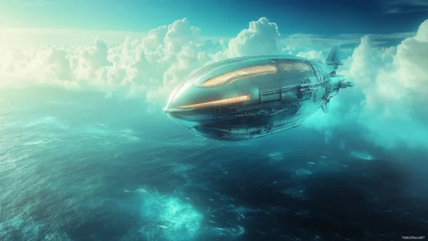 Retro futuristic airship drifting above a digital ocean.