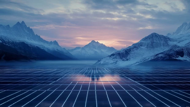 Retro futuristic synthwave grid with mountain horizon.