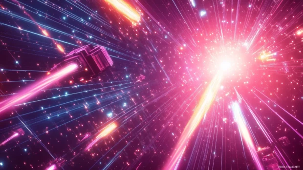 Retro gaming wallpaper, pixelated arcade machine, neon lights, glowing buttons, vibrant grid.